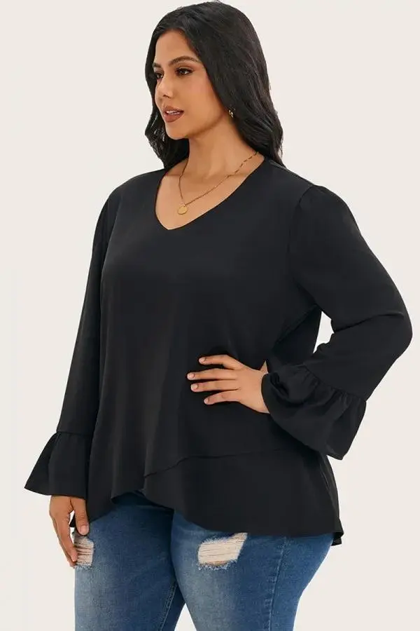Black Asymmetrical Ruffles Sleeve Crisscross Hem Blouse