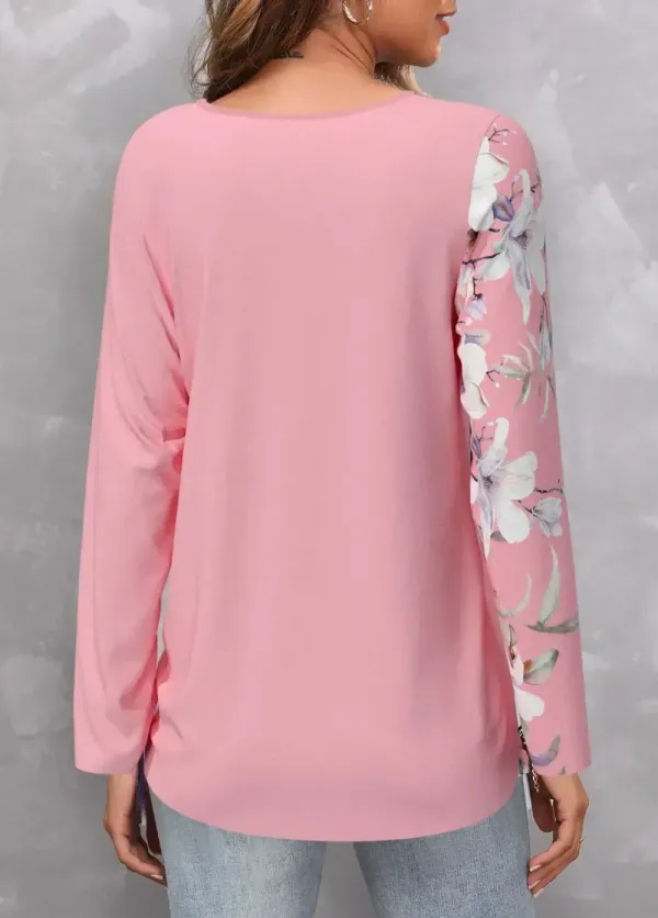 Pink Circular Ring Floral Print T Shirt