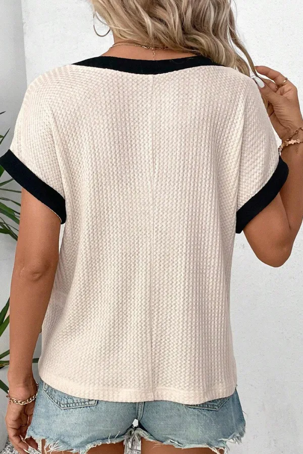 Two Tone Button Up V Neck Short Sleeve Knit T-Shirt
