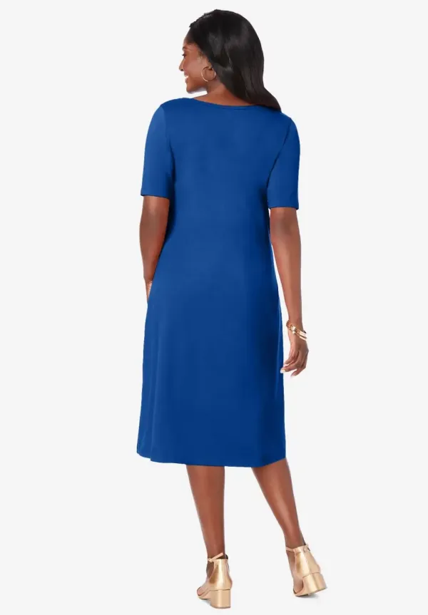 Stretch Cotton Square Neck Midi Dress
