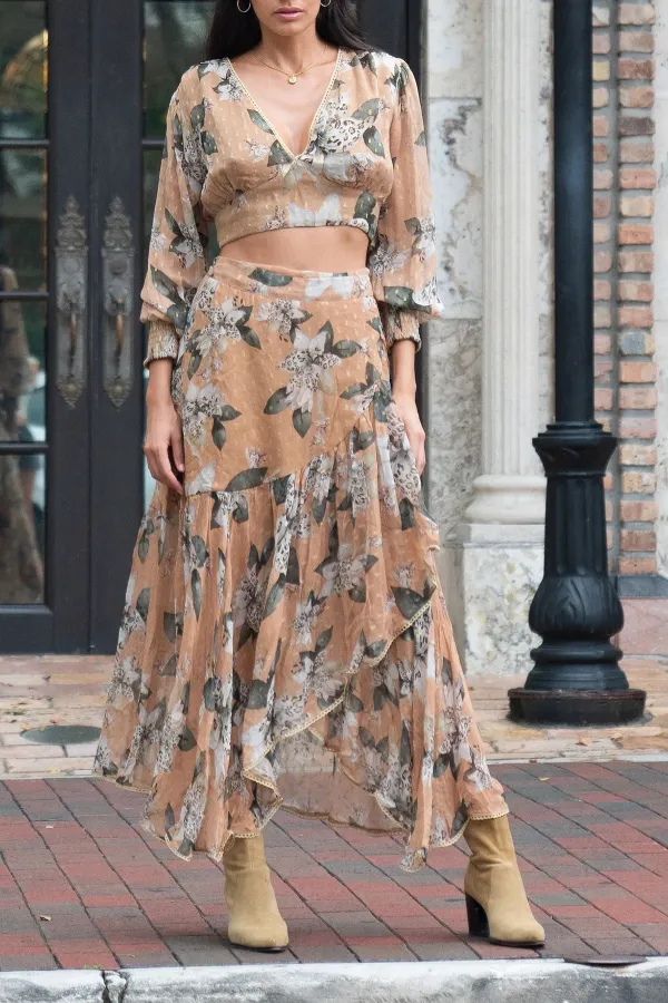Tan And Brown Botanical Print Maxi Skirt