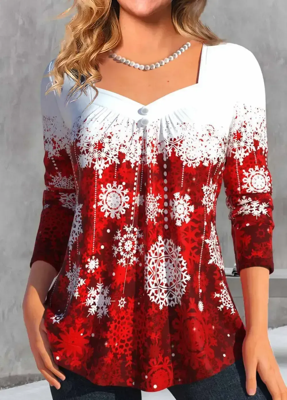 Wine Red Button Snowflake Print Long Sleeve T Shirt