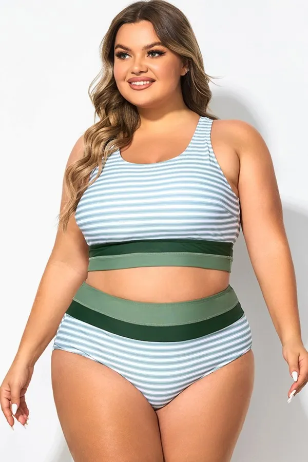 Plus Size Round Neck Black Patchwork Bikini Top