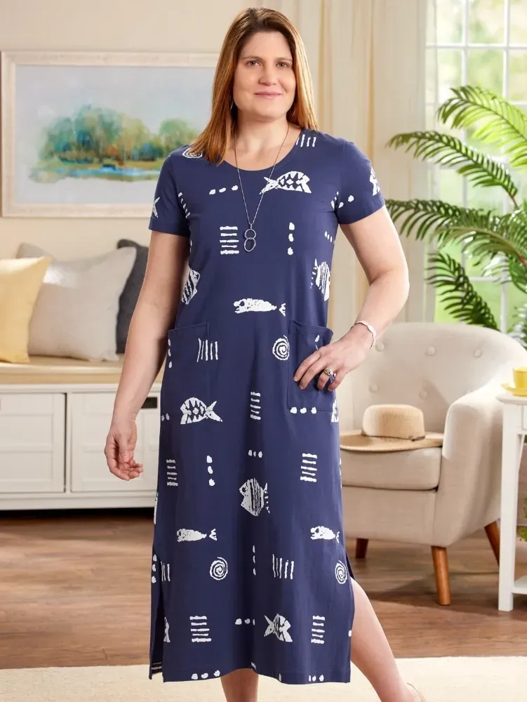 M.MAC Rock Fish Cotton Knit Ankle-Length Dress With Pockets