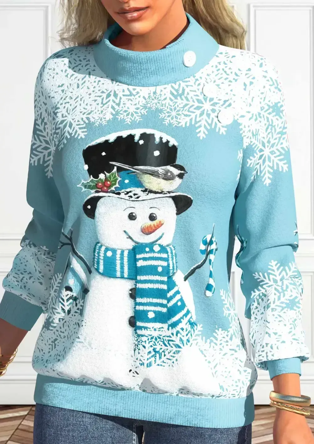 Light Blue Button Snowman Print Long Sleeve Sweatshirt