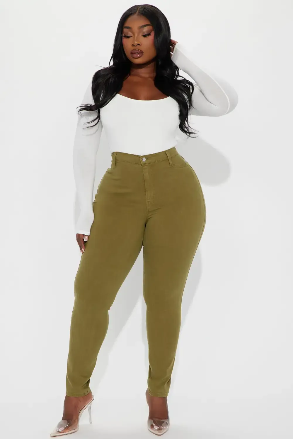 Classic Color High Waist Skinny Jeans - Olive
