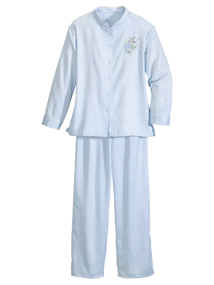 Women's Brushed-Back-Satin Embroidered Pajama Set