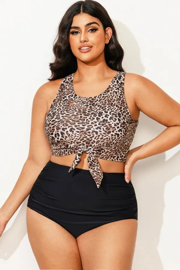 Leopard Print Knotted Crop Bikini Top