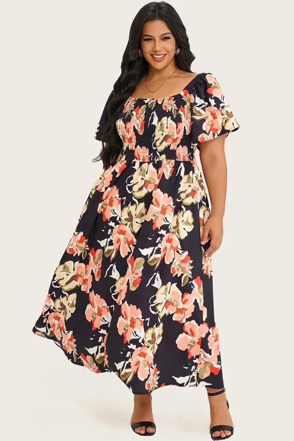 Floral Shirred Square Neck Pocket Maxi Dress