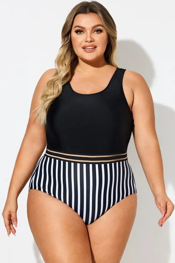 Black & White Round Neck Striped Mesh One Piece Swimsuit