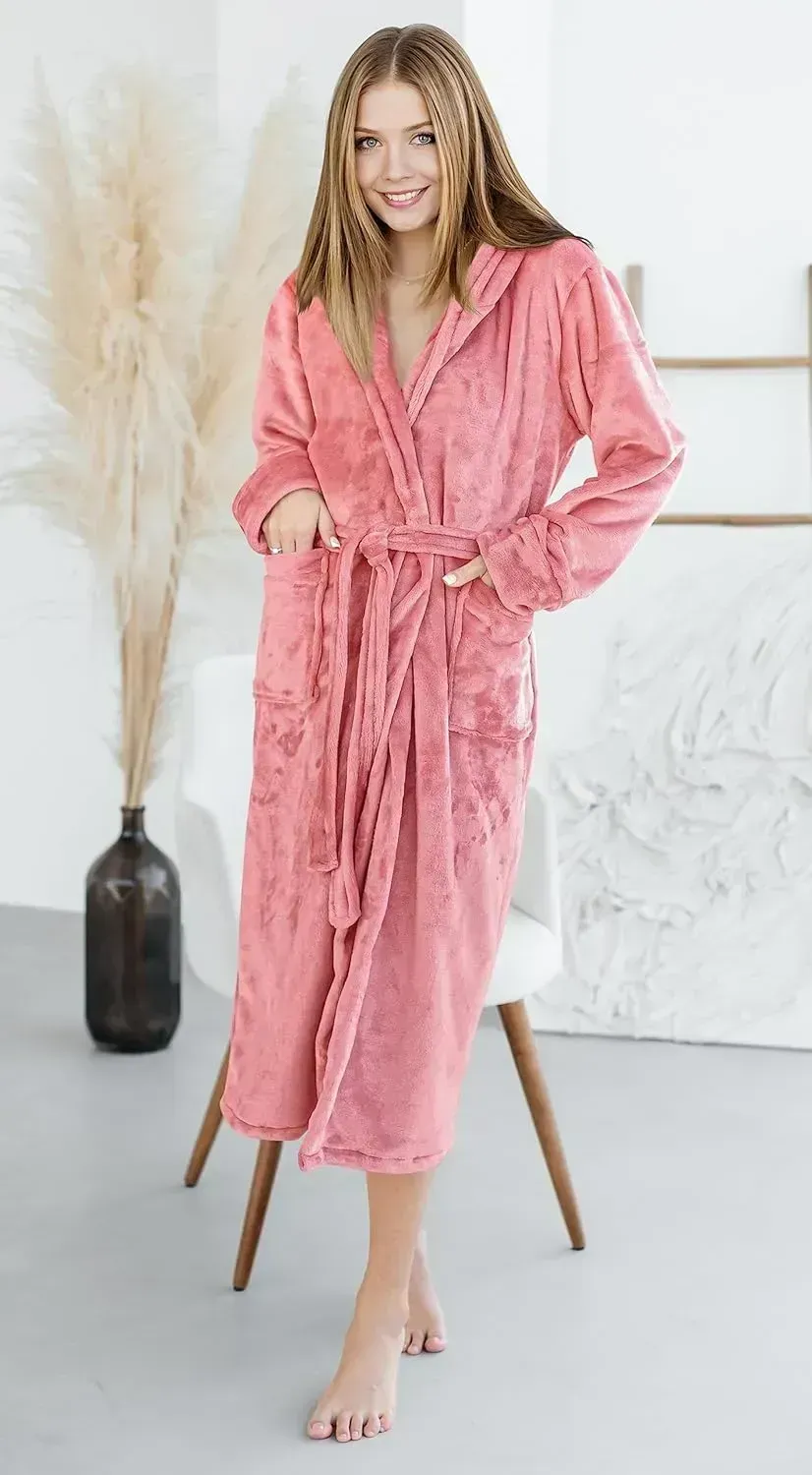 Women Fleece Shawl Collar Bathrobe - Plush Long Robe