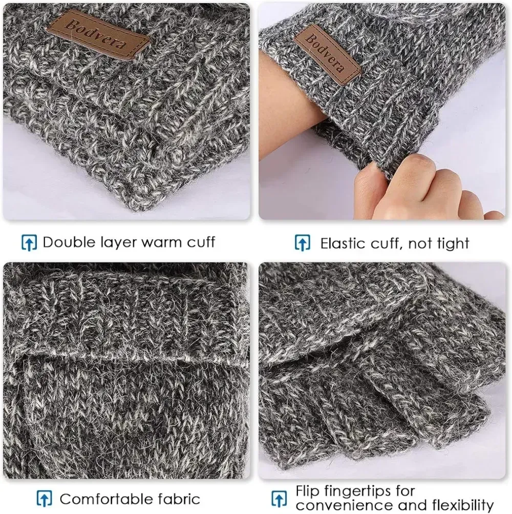 Bodvera Thermal Insulation Fingerless Texting Wool Gloves for Women and Men Winter Warm Knitted Convertible Mittens Flap