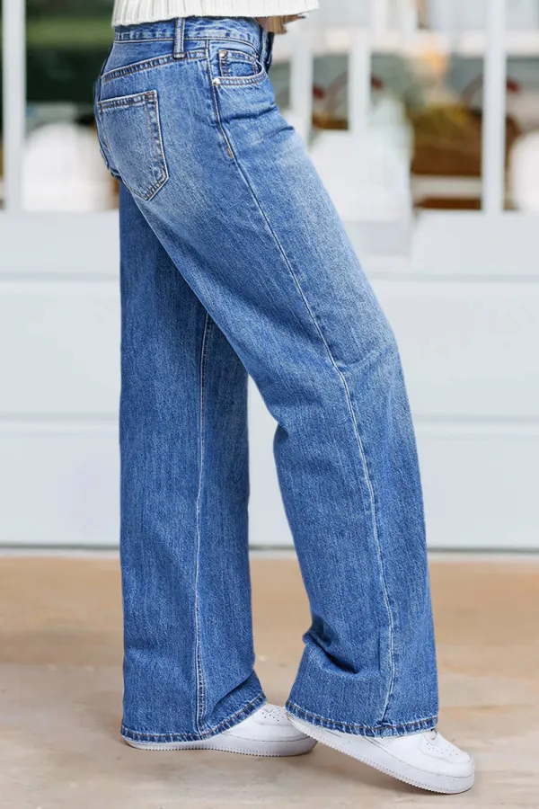 Wash Straight Leg Mid Rise Jeans