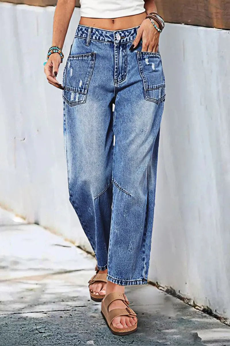 Wash Ripped Mid Rise Barrel Leg Jeans