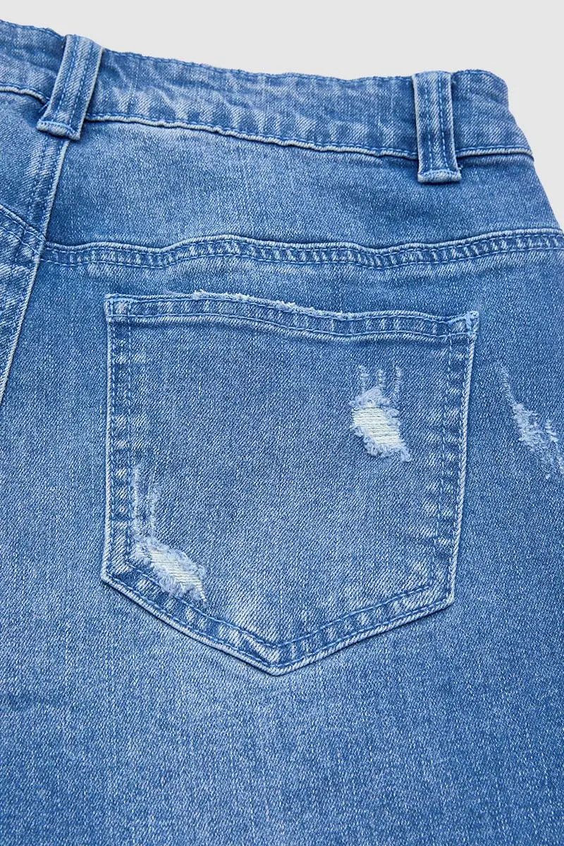 Wash Raw Hem Ripped Mid Waist Straight Leg Denim Bermuda Shorts