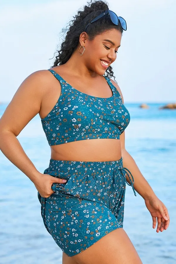 Plus Size Round Neck Black Patchwork Bikini Top