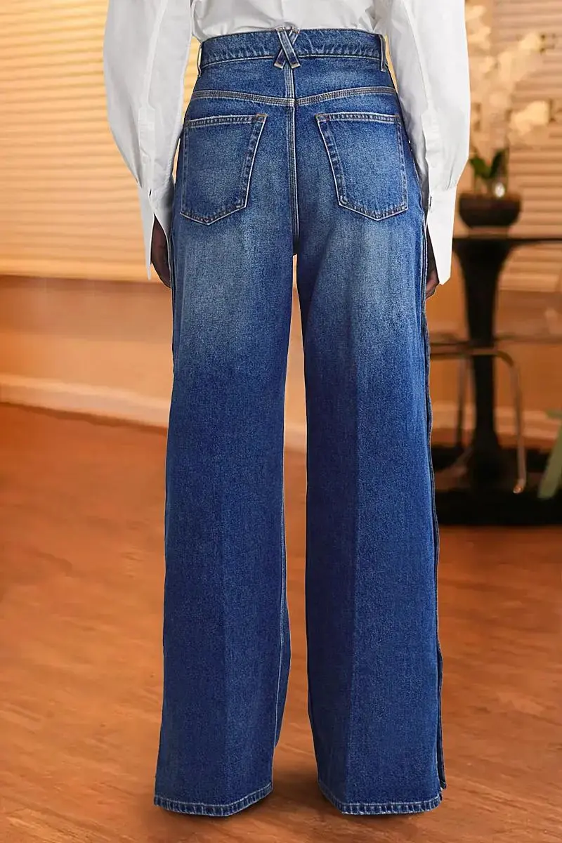 Snap Button Side High Waist Straight Leg Jeans