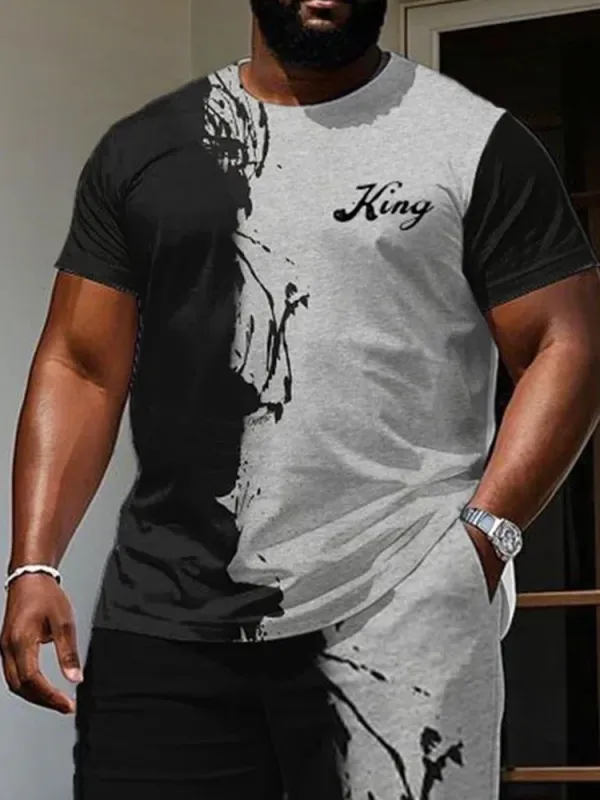 Men'S Big  Tall Street Fashion Black Ink-Throwing Small Label Printed Short-Sleeved T-Shirt Trousers Set