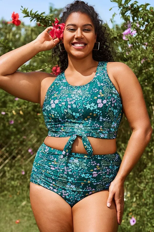 Cottage Floral Print Knotted Crop Bikini Top