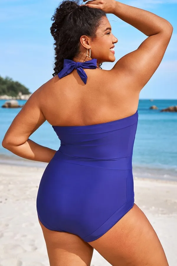 Navy Square Neck Halter One Piece Swimsuit