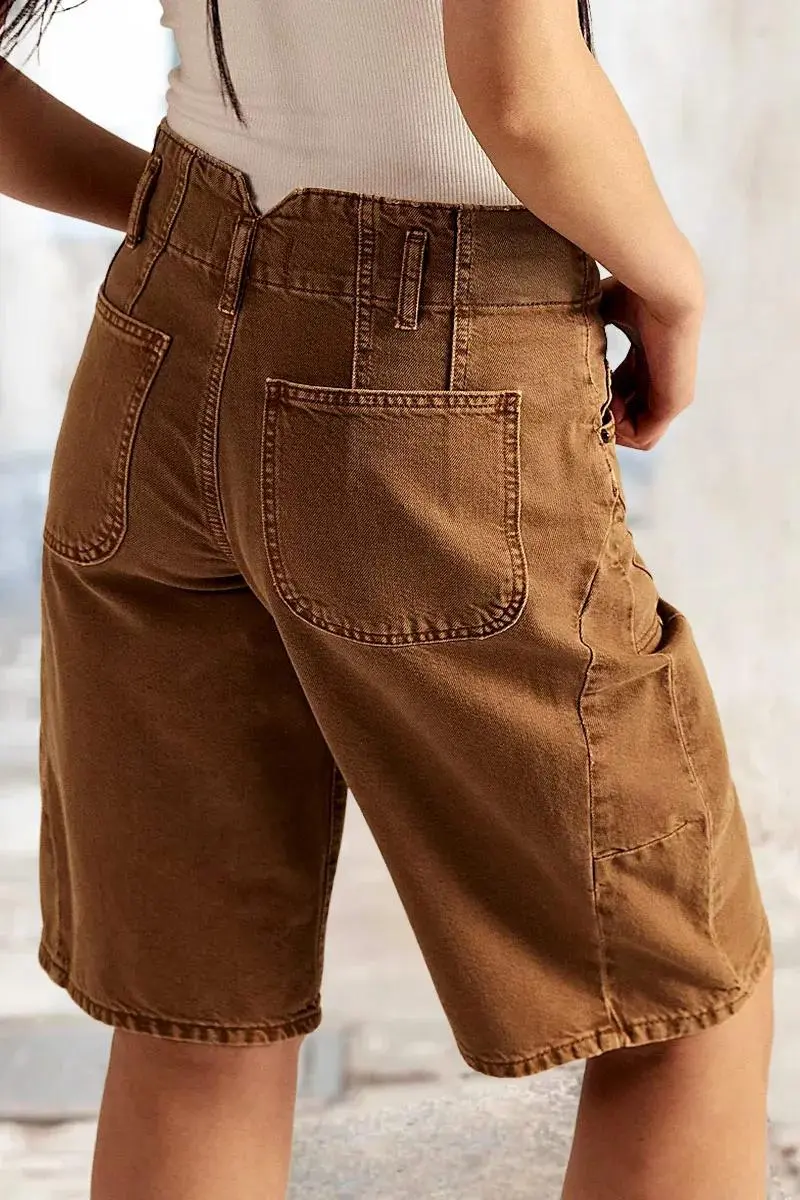 Double Button Stitch Detail Mid Waist Straight Leg Denim Bermuda Shorts