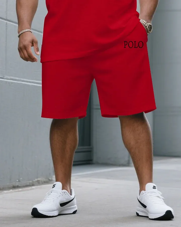 Men'S Plus Size Fashion Contrast Blue & Red Large Polo Print Round Neck Short Sleeve T-Shirt Shorts Suit