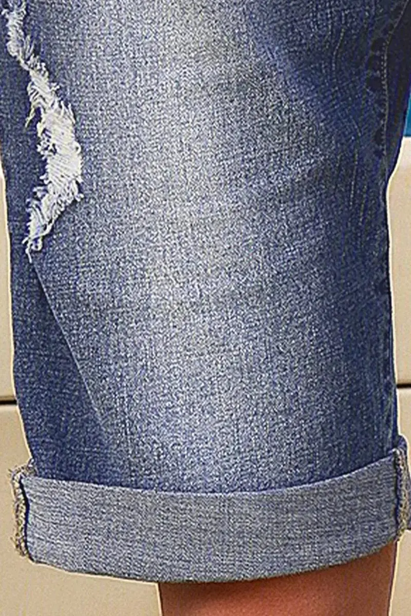 Ripped Rolled Hem Denim Bermuda Shorts Without Belt