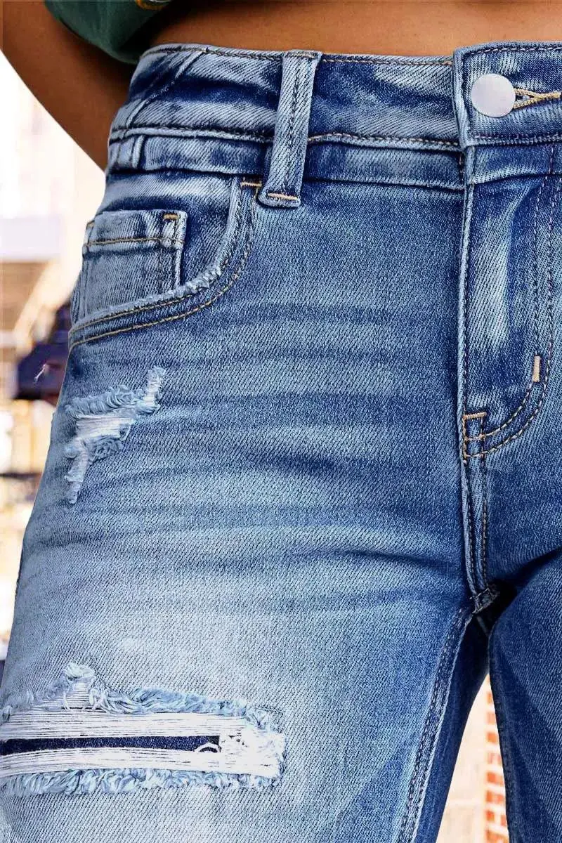 Ripped Raw Hem Mid Rise Denim Bermuda Shorts