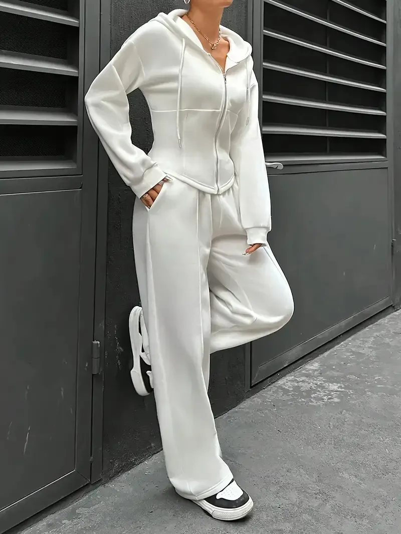 [All Seasons Polyester Hooded Tracksuit] Women'S Elegant Solid Color Polyester Hooded Tracksuit Set with Drawstring and Zipper Details – Knit Fabric Pantsuit for All Seasons