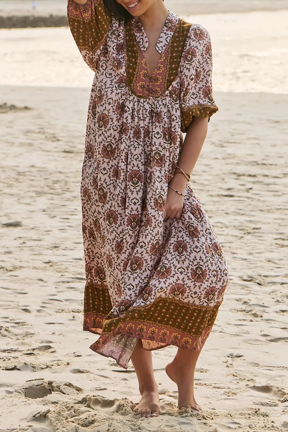 Brown Patterned V Neck Half Sleeve Maxi Dress