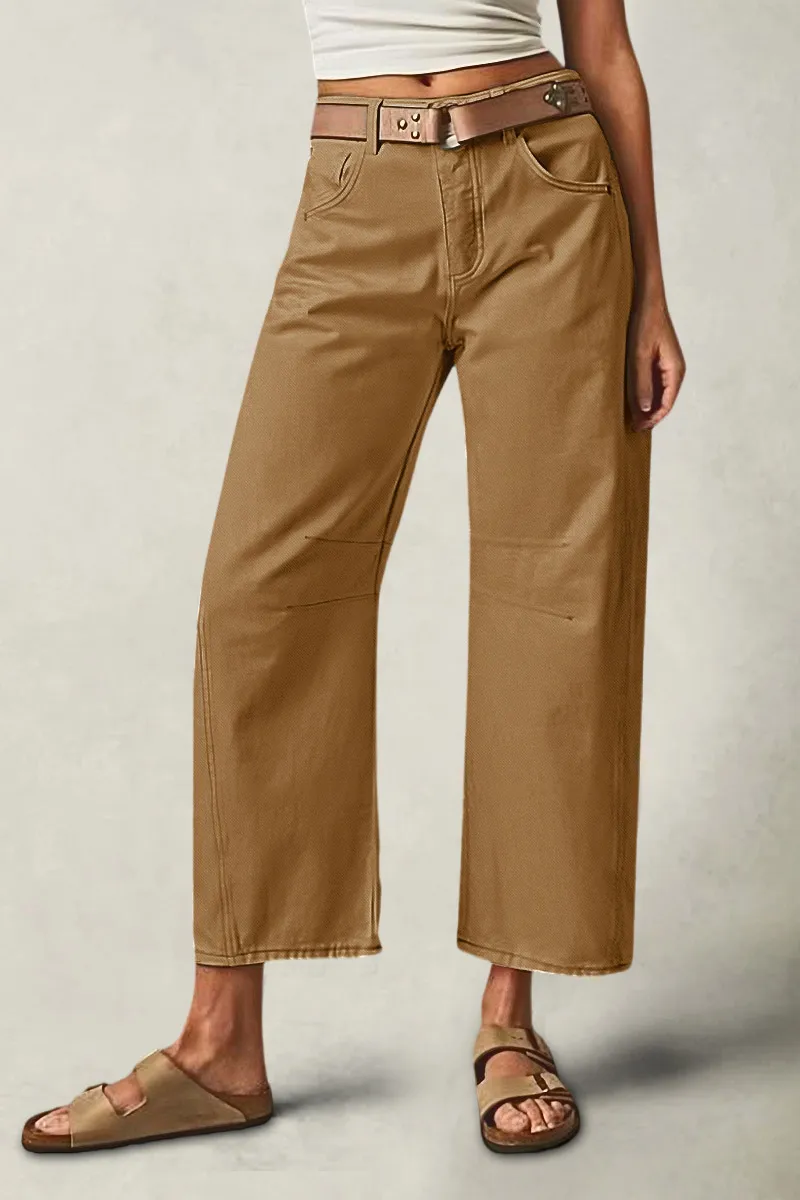 Solid Stitch Detail Mid Waist Crop Straight Leg Jeans Without Belt