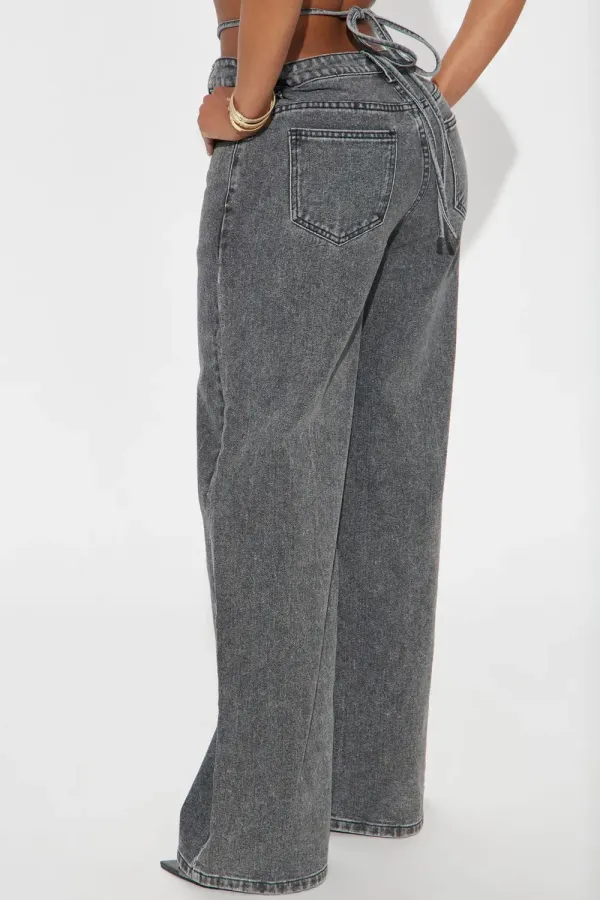 Cross Your Mind Non Stretch Wide Leg Jeans - Grey