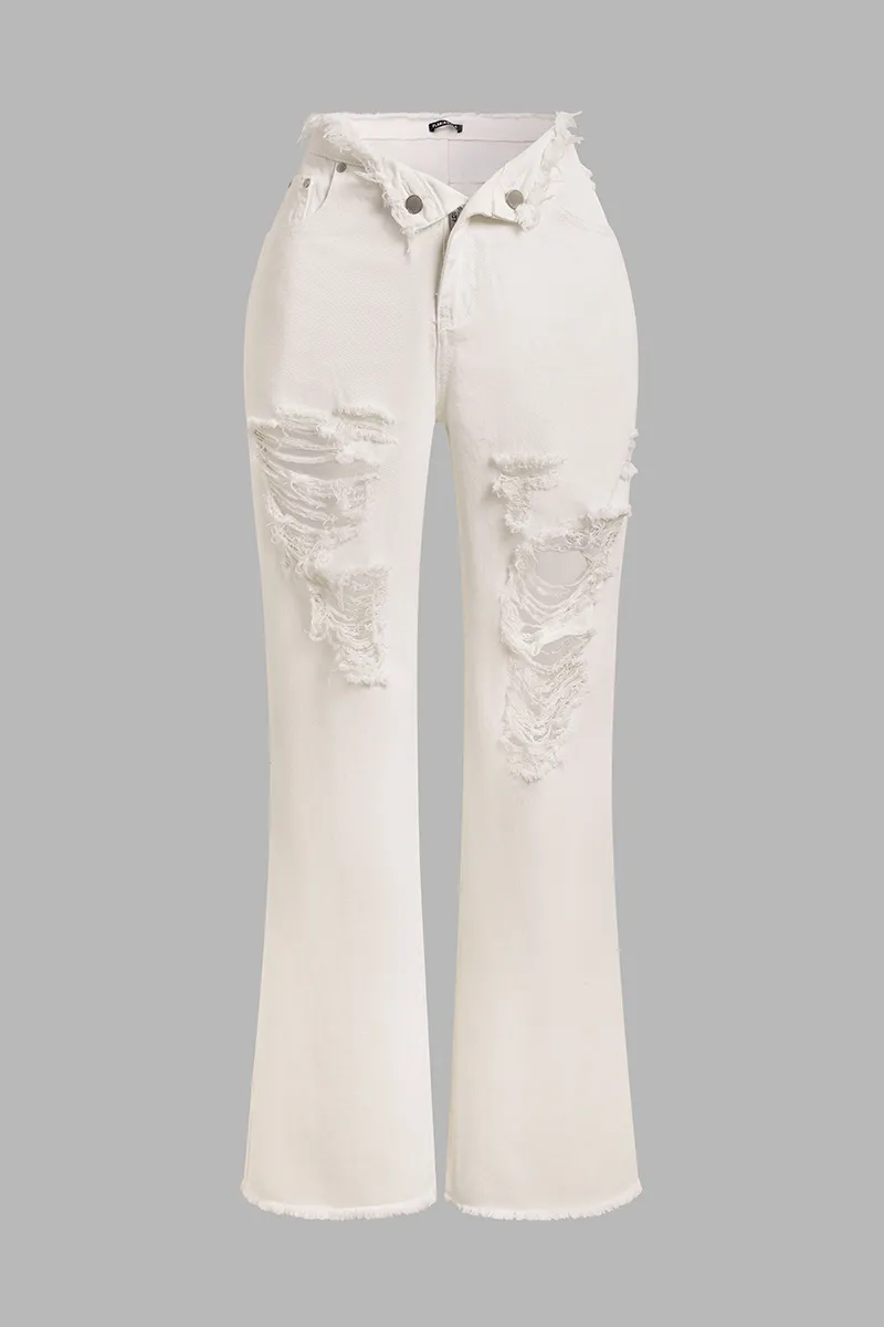 Cut Out Raw Hem Mid Waist Wide Leg Jeans