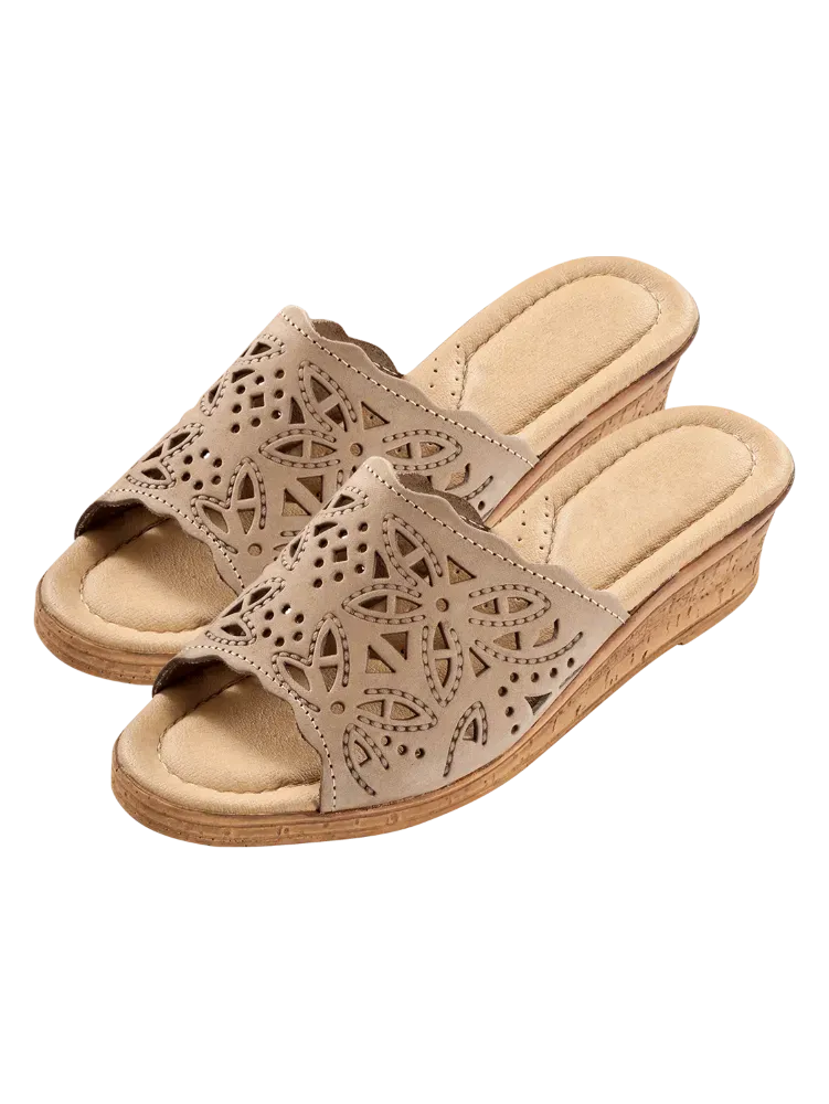 Women's Leather Cutwork Wedge Slide Sandals