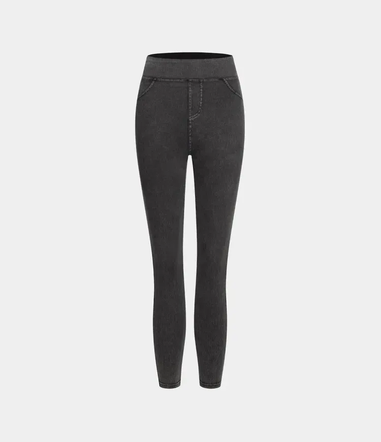 High Waisted Back Side Pocket Stretchy Knit Denim Casual Leggings