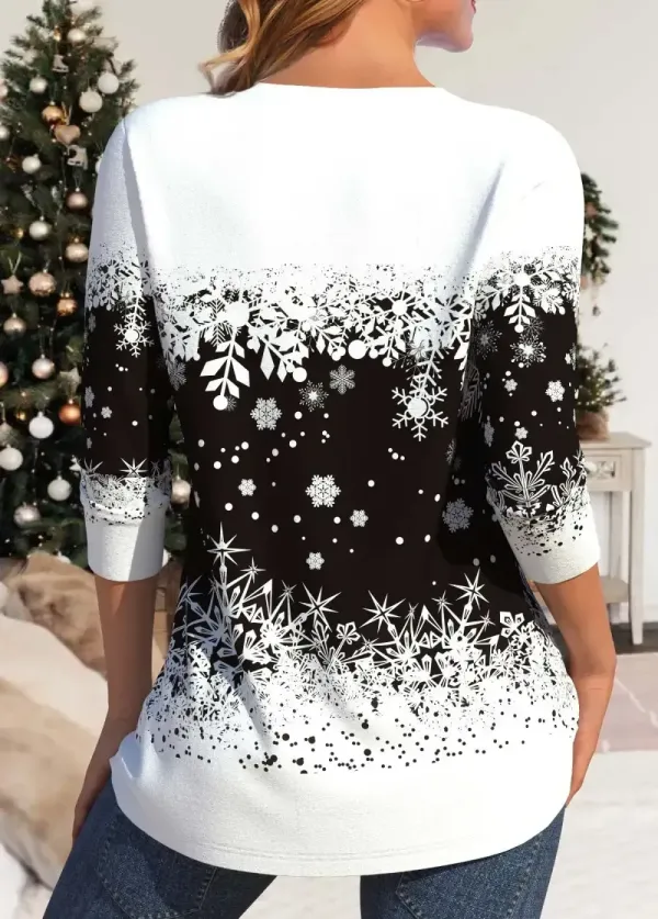 White Snowflake Print Long Sleeve V Neck T Shirt