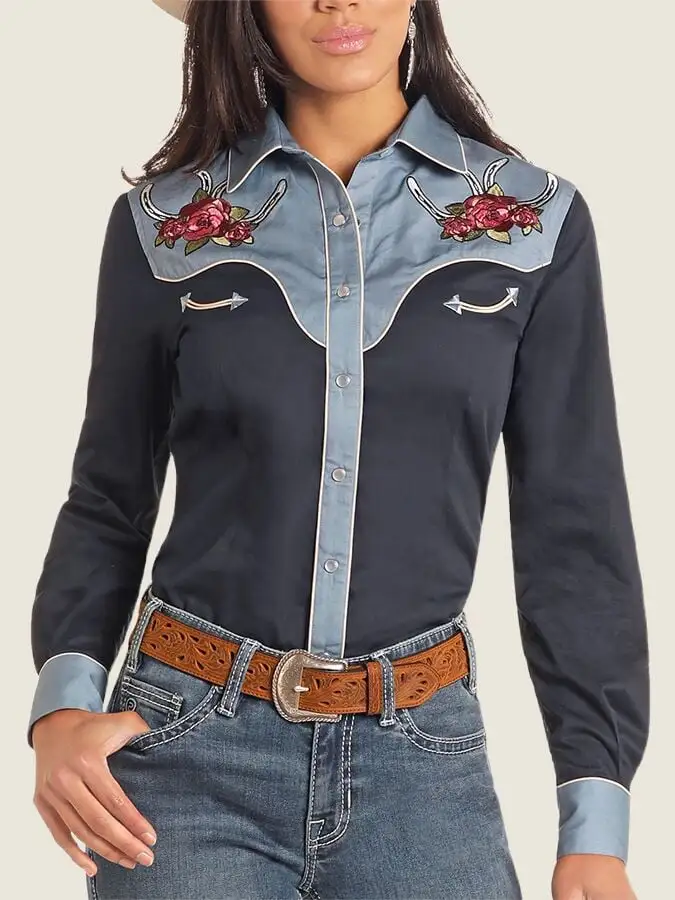 Women's Vintage Western Print Long Sleeve Shirt