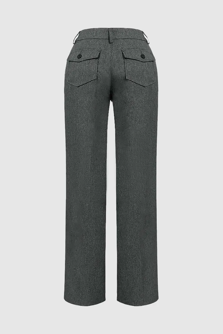 Solid Flap Pocket Button Up Mid Rise Straight Leg Pants