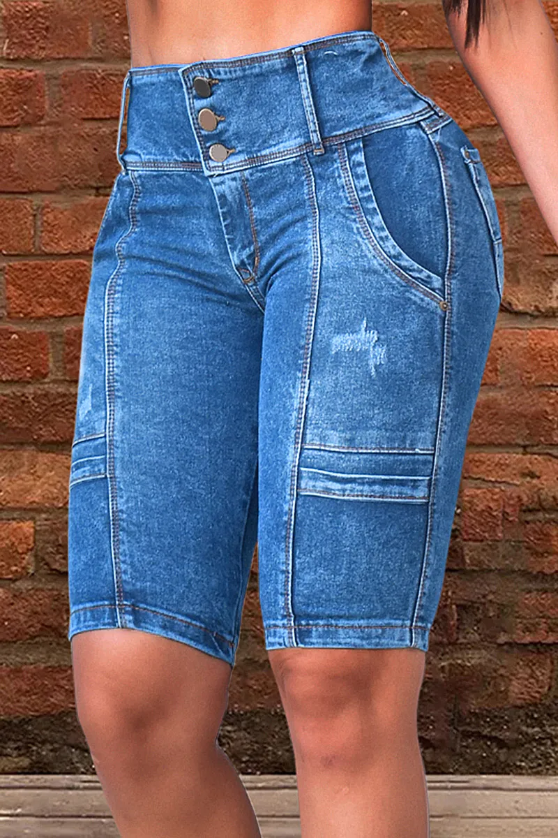 Wash Seam Front Button Fly High Rise Denim Bermuda Shorts