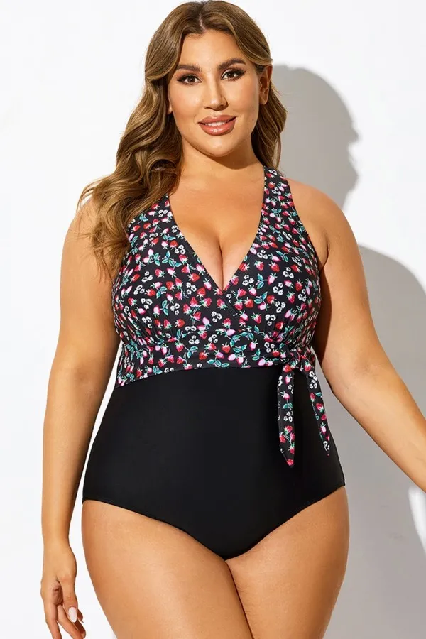 Strawberry Print V-Neck One Piece Swimsuit