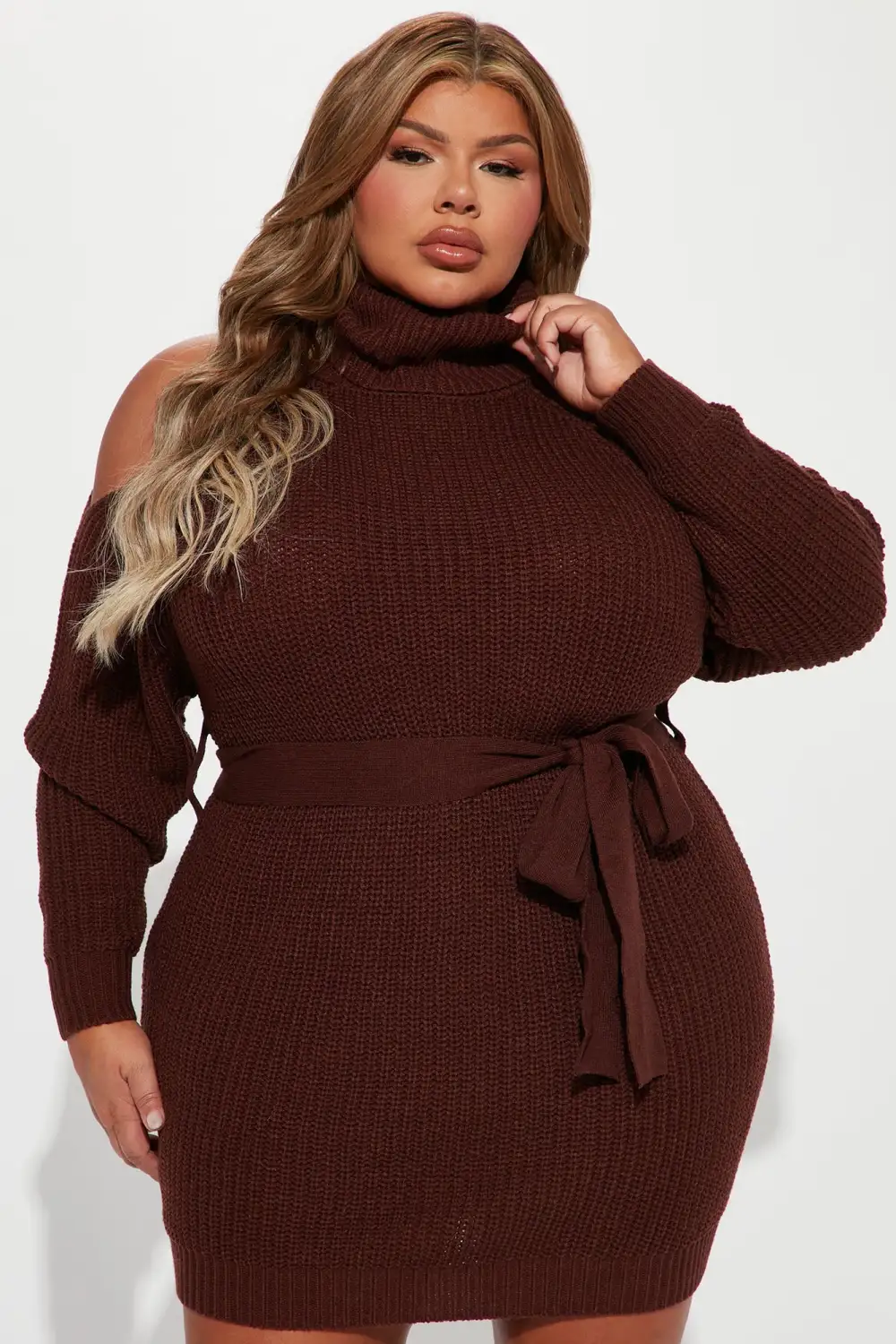 Giving Cold Shoulder Sweater Dress - Brown