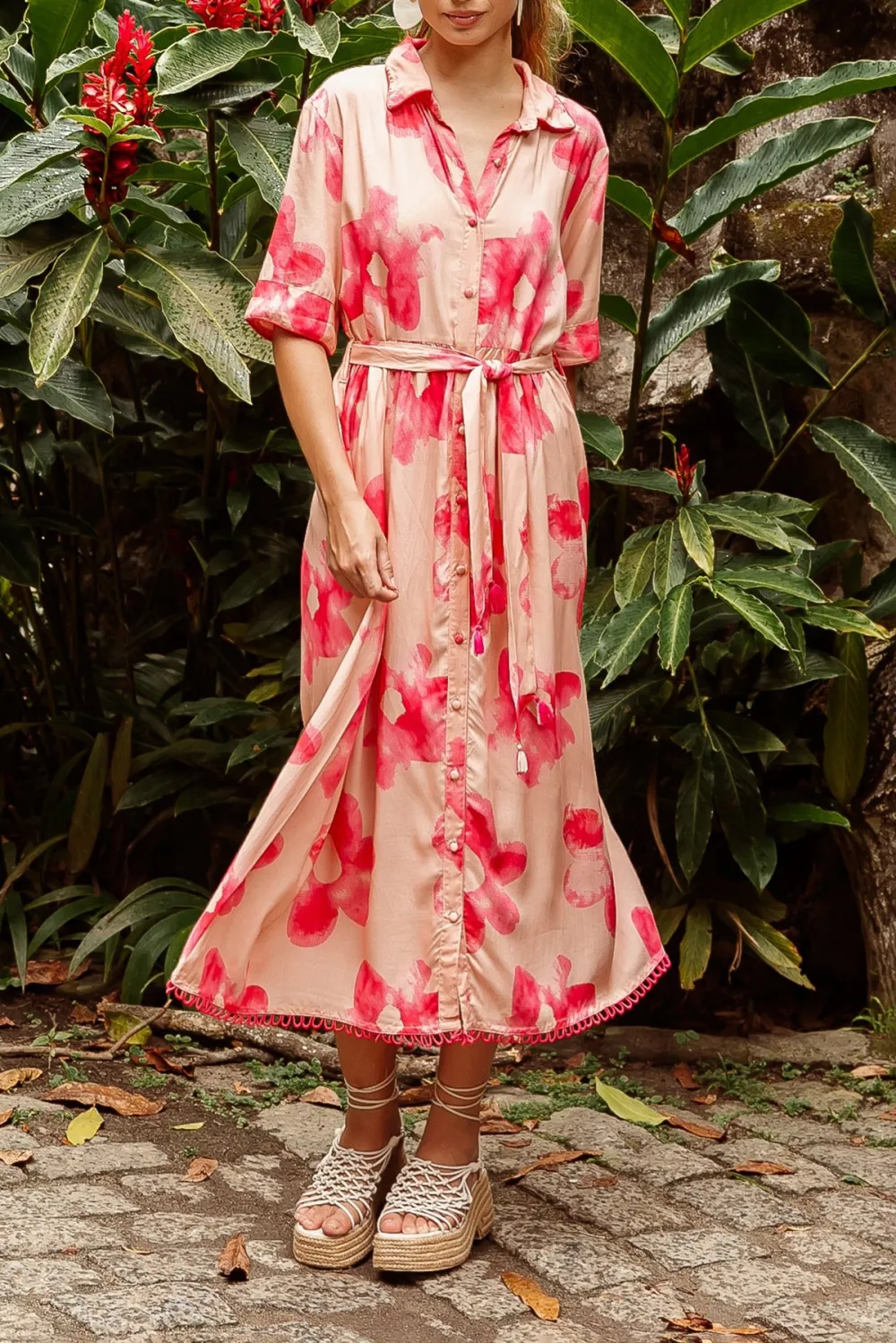 Pink And Red Floral Print Belted Maxi Dress