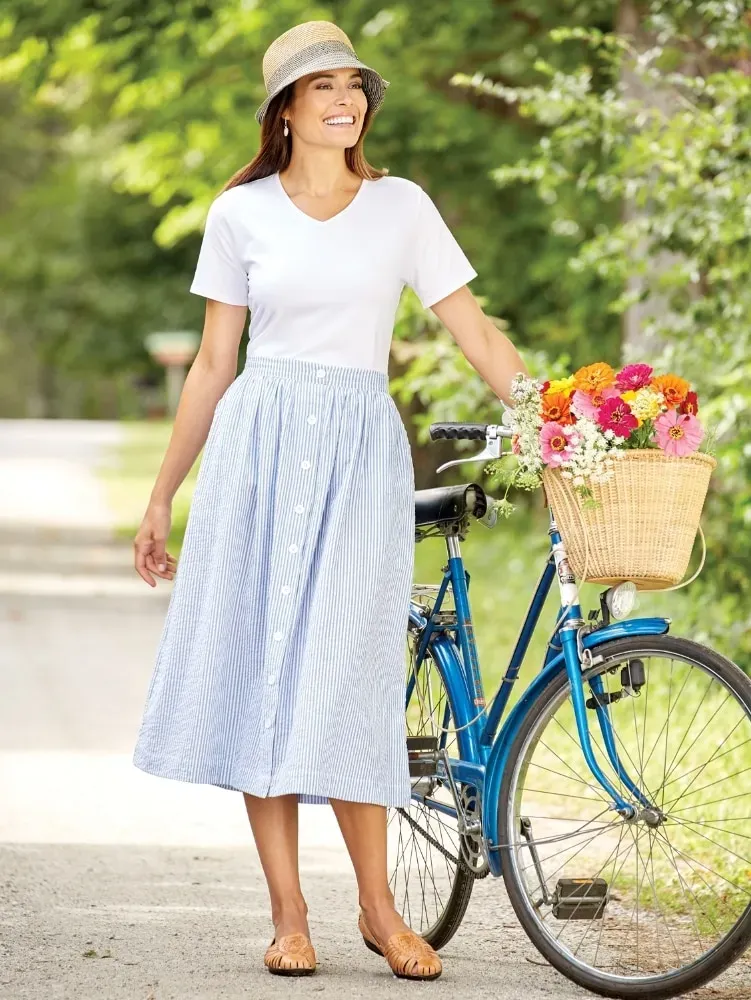 Button-Front Cotton Seersucker Skirt