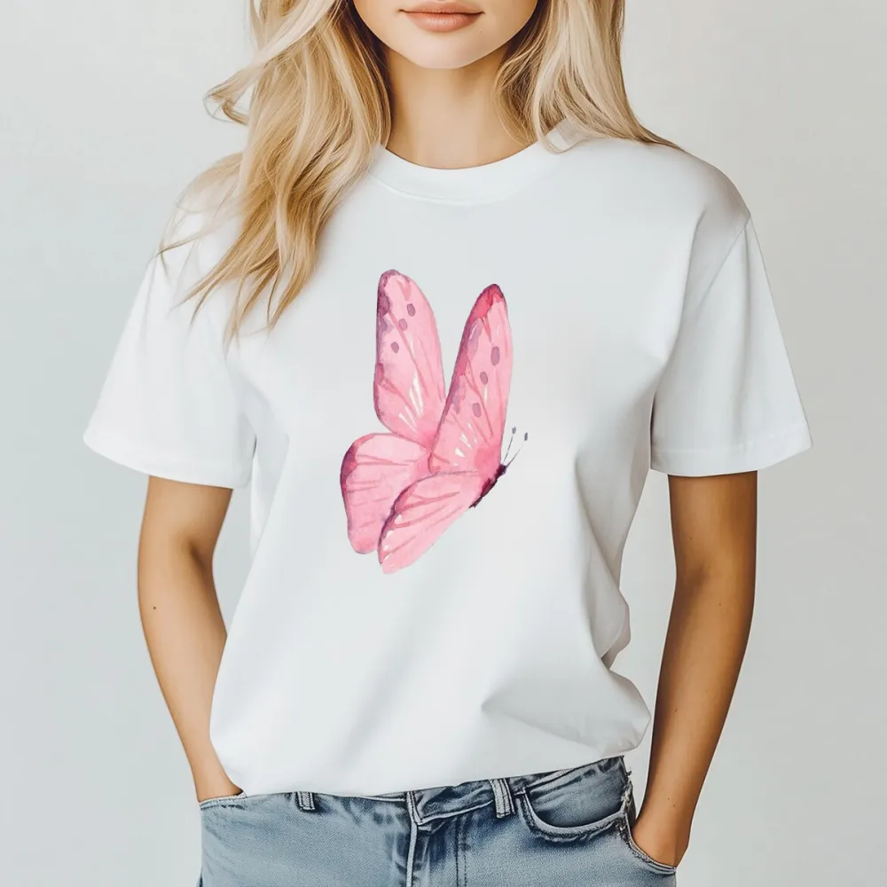 Pink Painted Butterfly Pattern Casual T-Shirt