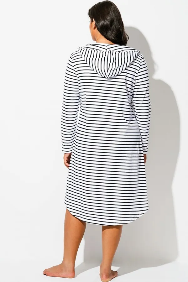 Black & White Striped Cover Up Hoodie Dress