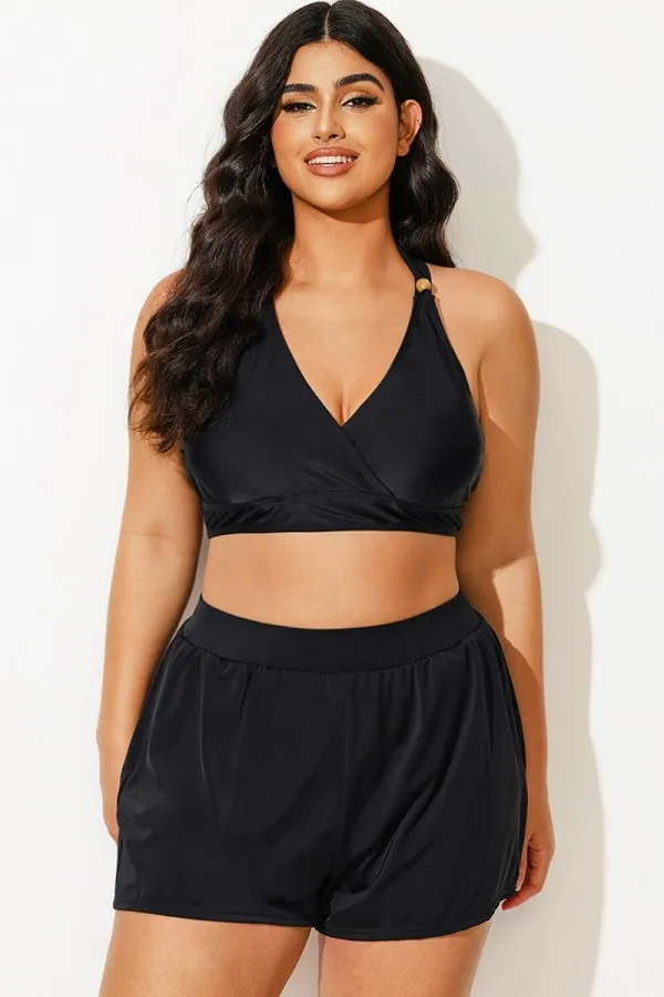 Plus Size Black V-Neck Crossback Bikini Top