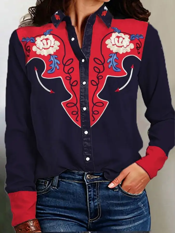 Women's Vintage Western Print Long Sleeve Shirt