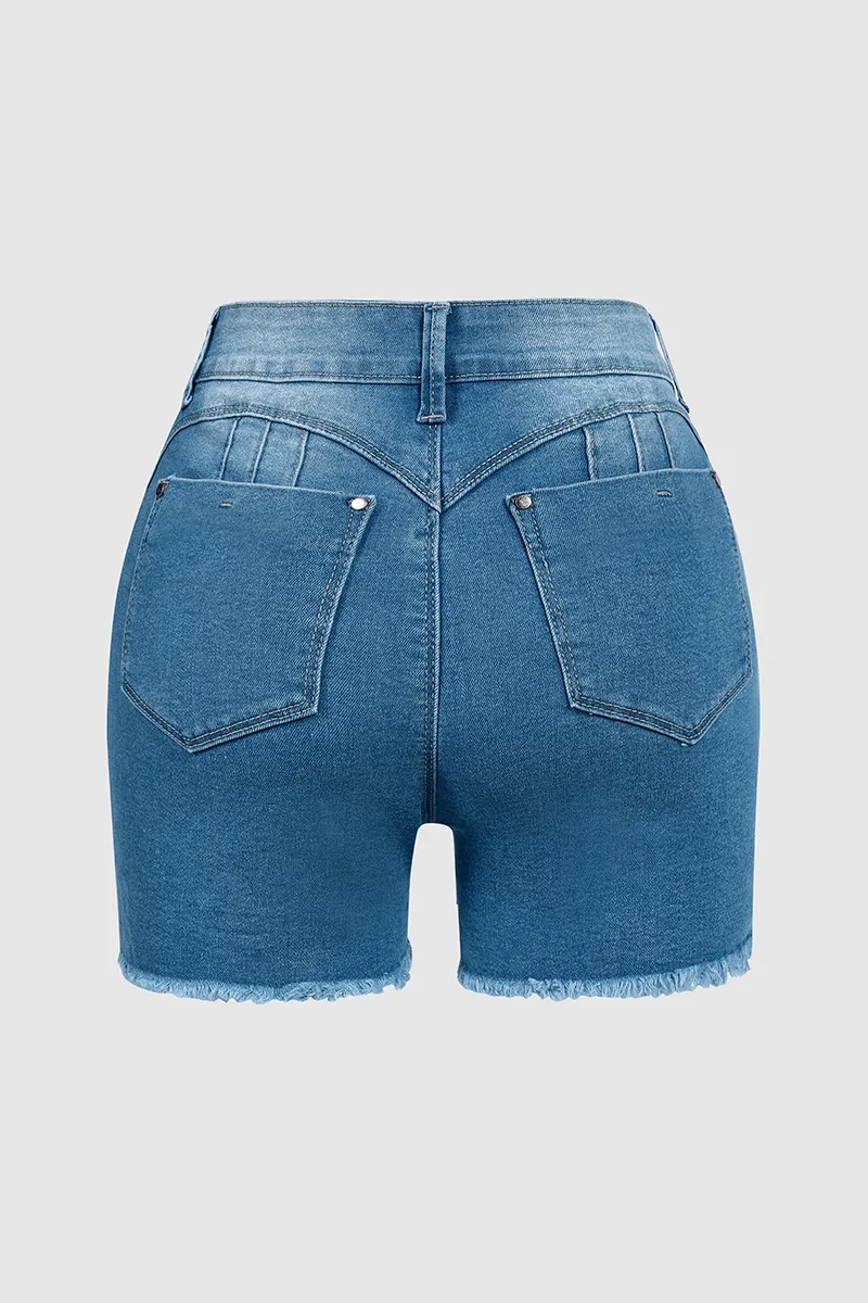 Wash Ripped Raw Hem High Waist Denim Shorts