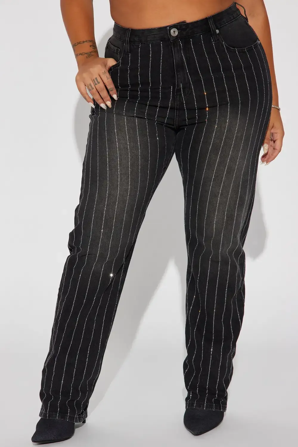 Outshine You Non Stretch Embellished Straight Leg Jeans - Black
