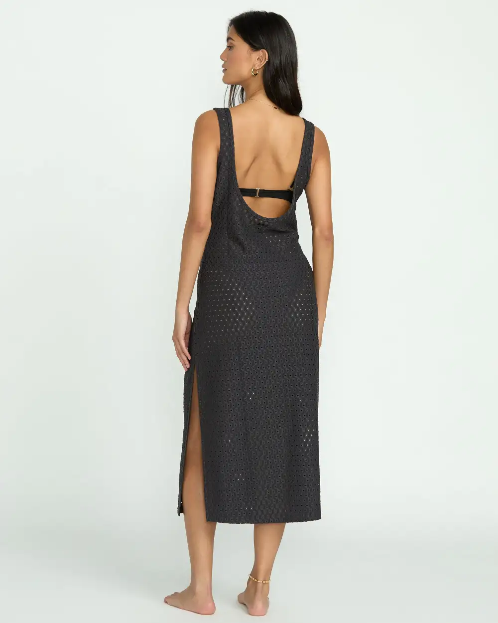 Eyelet Sun Midi Dress Beach Coverup - Off Black
